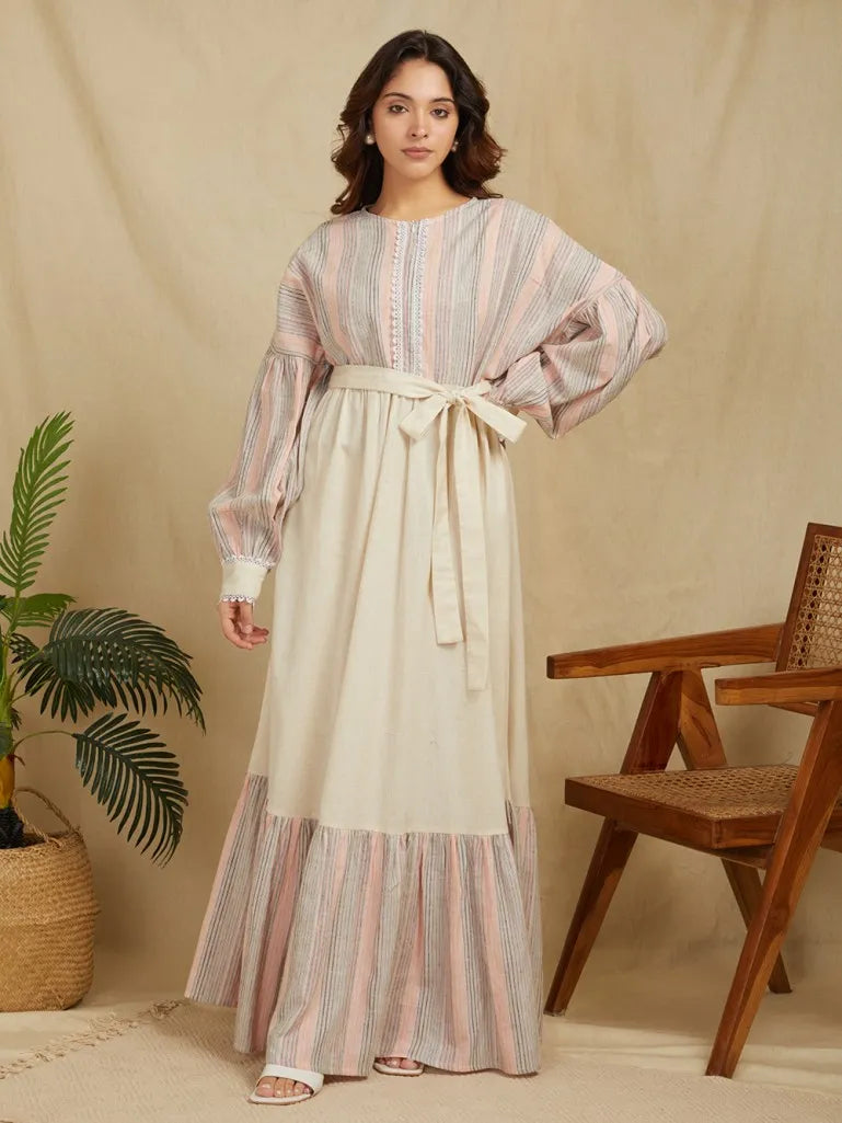 SANASH Collections Striped Cuffed Sleeves Cotton Linen Tie-Ups Maxi Dress