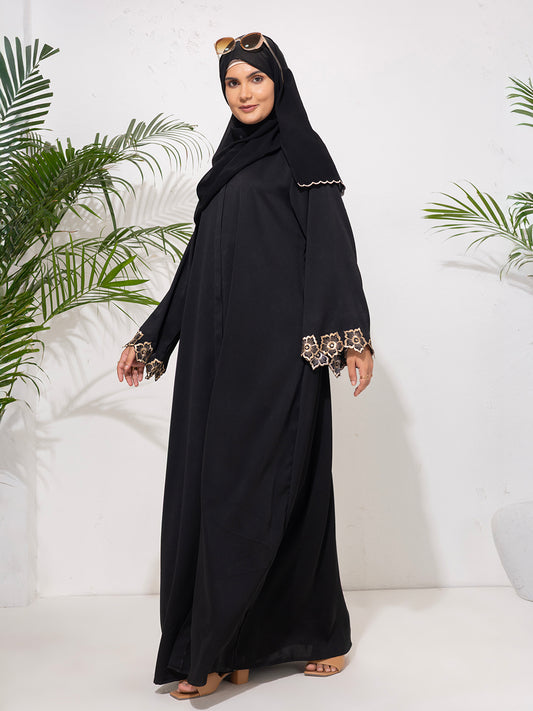 Classic Black Abaya with Golden Embroidered Sleeves