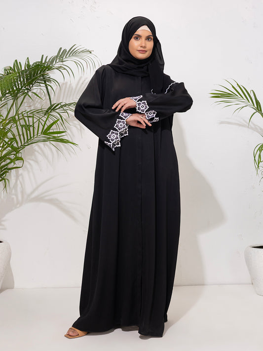 Black Abaya with White Embroidered Cuffs with scallop scarf