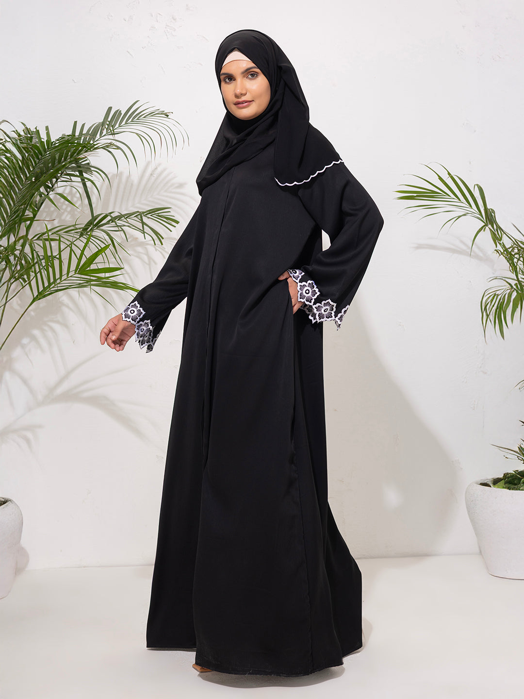Black Abaya with White Embroidered Cuffs with scallop scarf