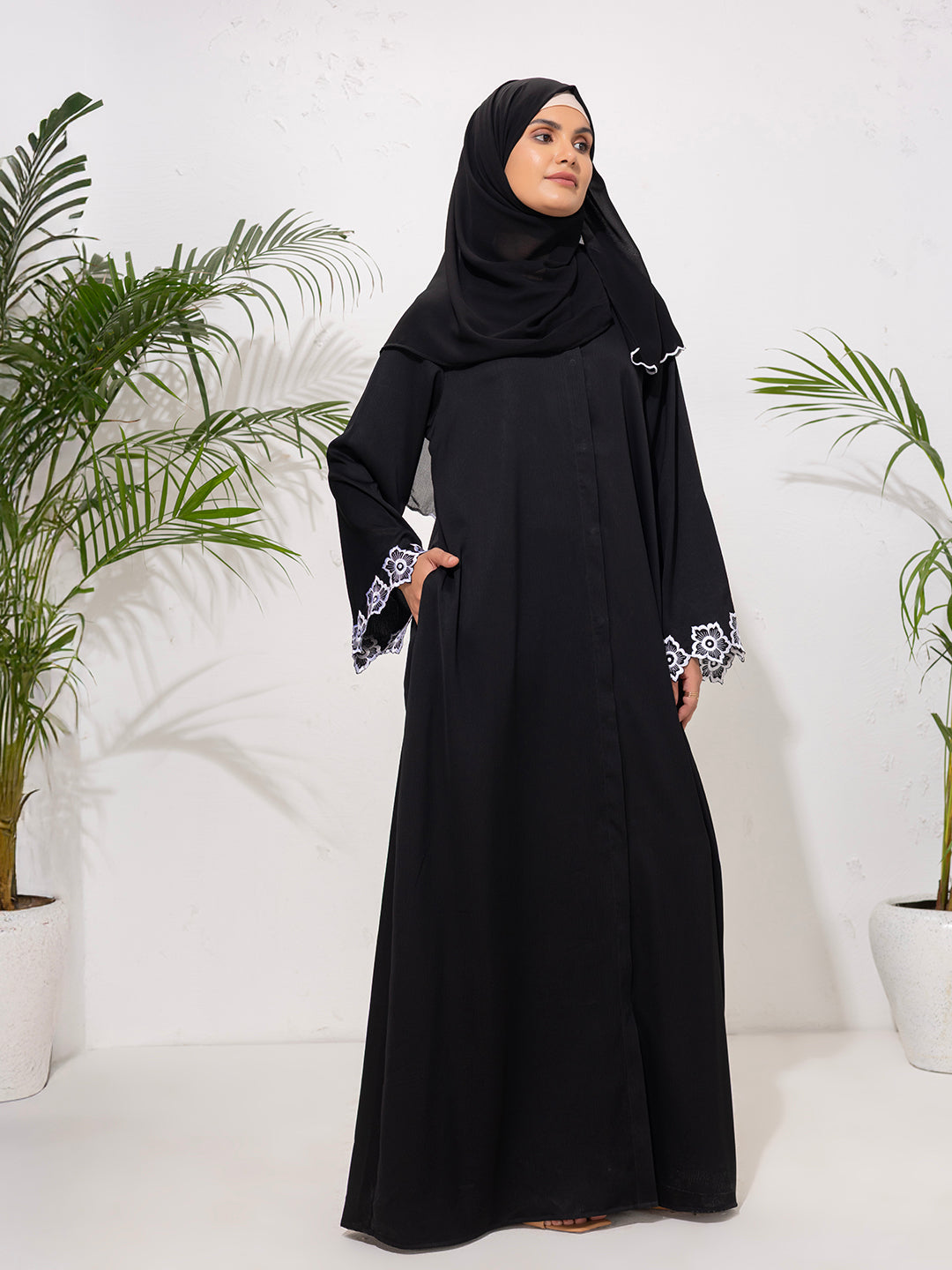 Black Abaya with White Embroidered Cuffs with scallop scarf