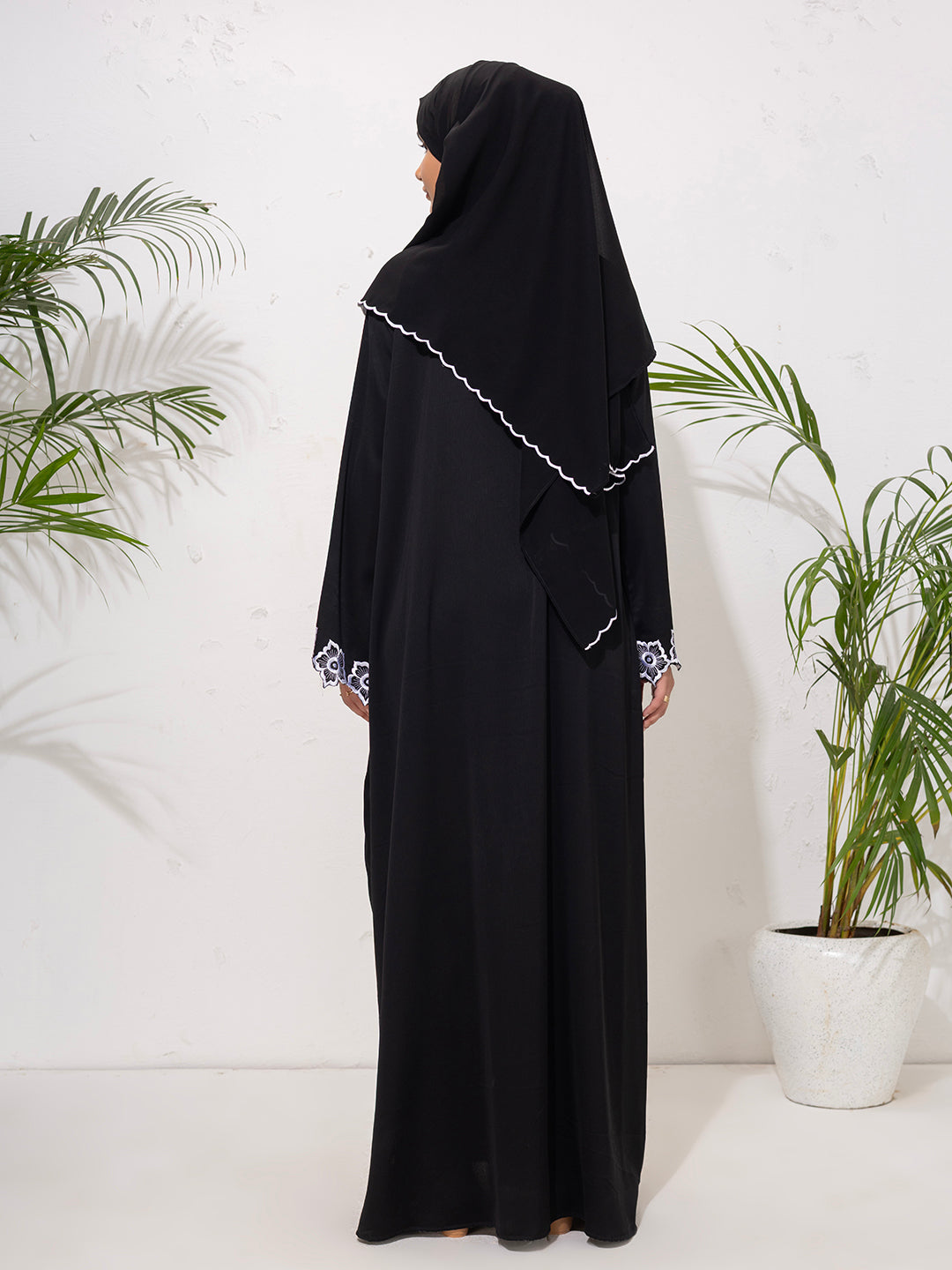 Black Abaya with White Embroidered Cuffs with scallop scarf