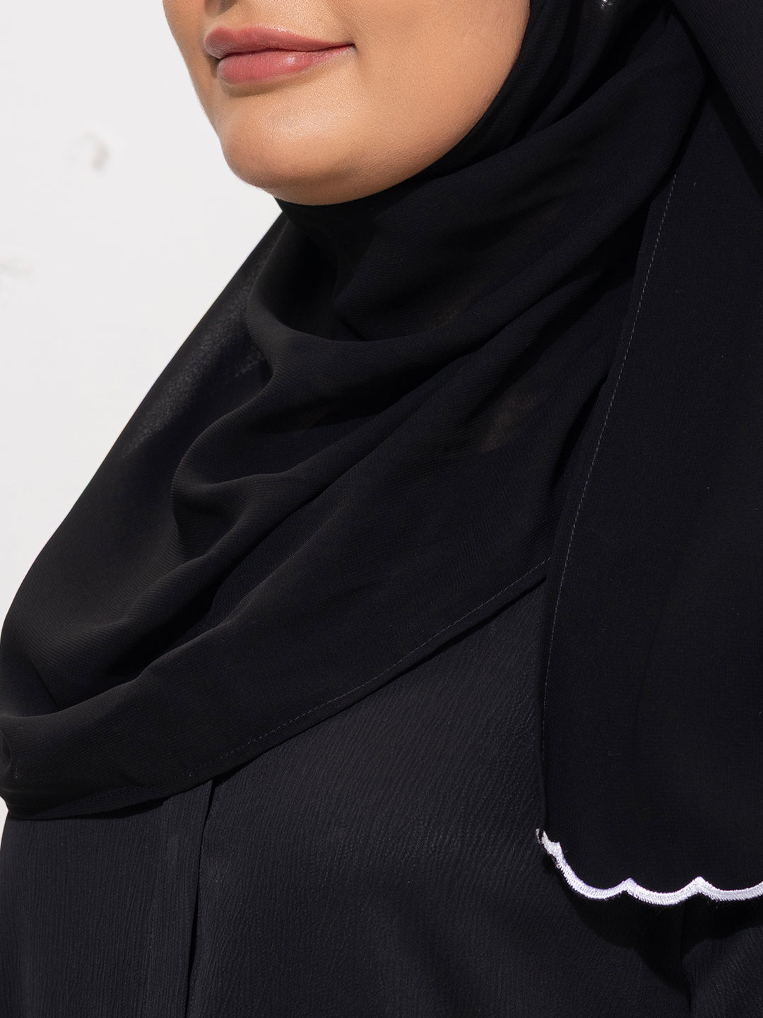 Black Abaya with White Embroidered Cuffs with scallop scarf