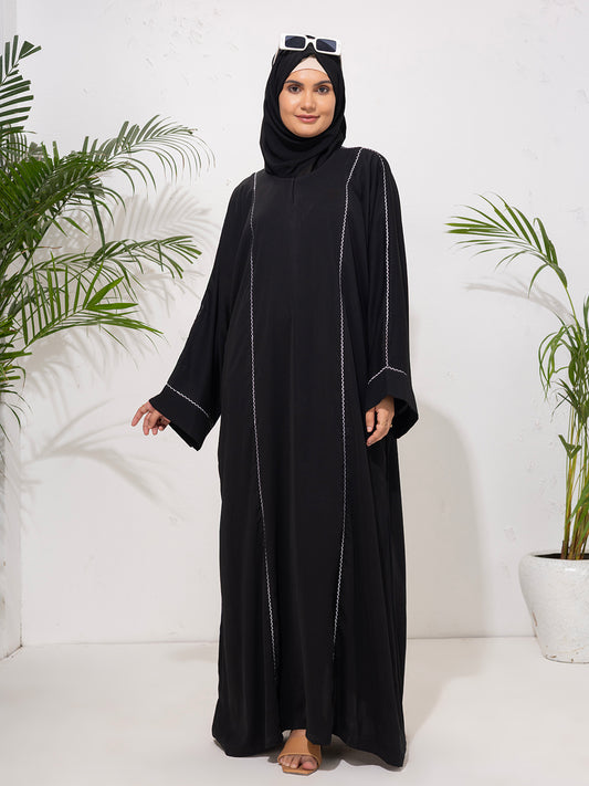 Minimalist Black Abaya with Contrast Embroidery Detailing with Scarf