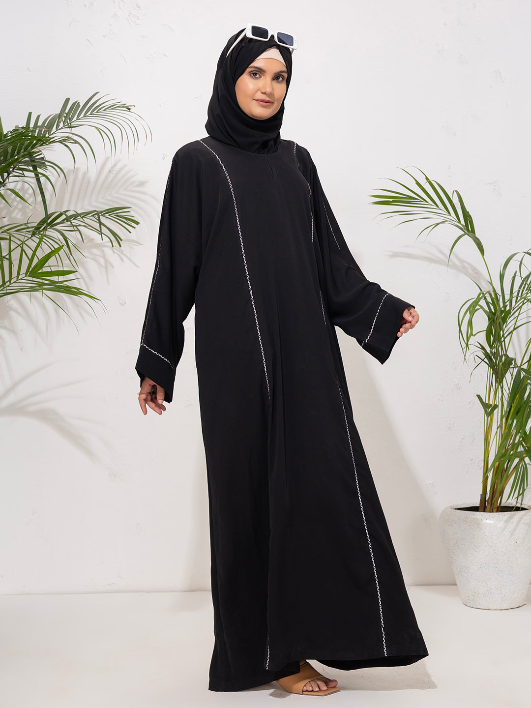 Minimalist Black Abaya with Contrast Embroidery Detailing with Scarf