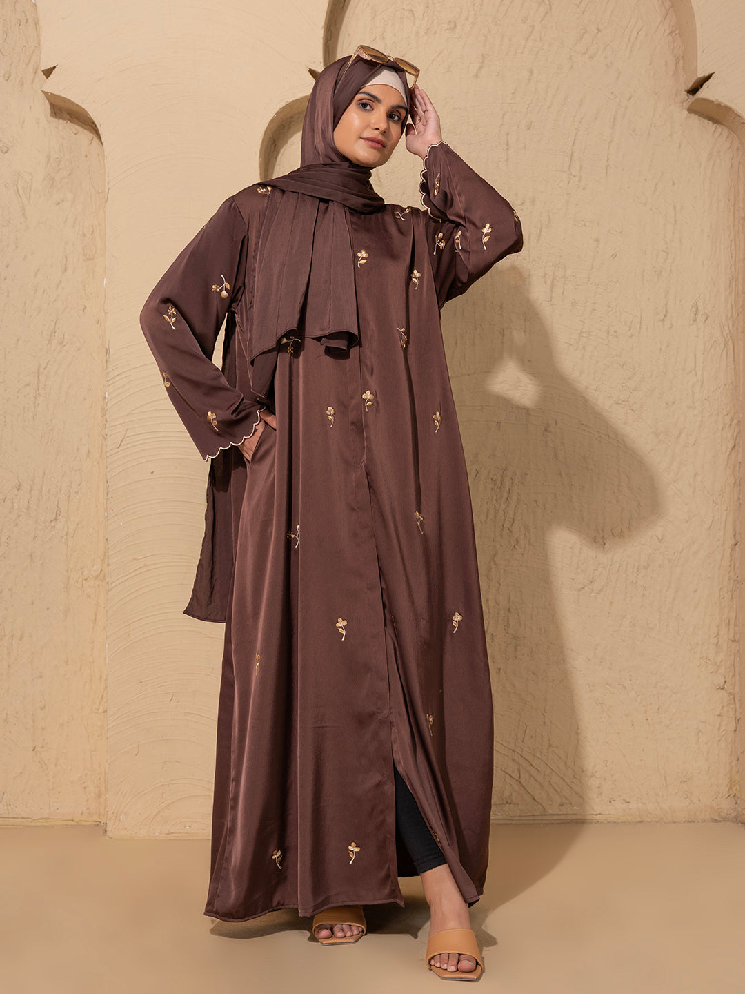 Brown Embroidered Abaya β Front Open Modest Wear with Golden Floral Detailing