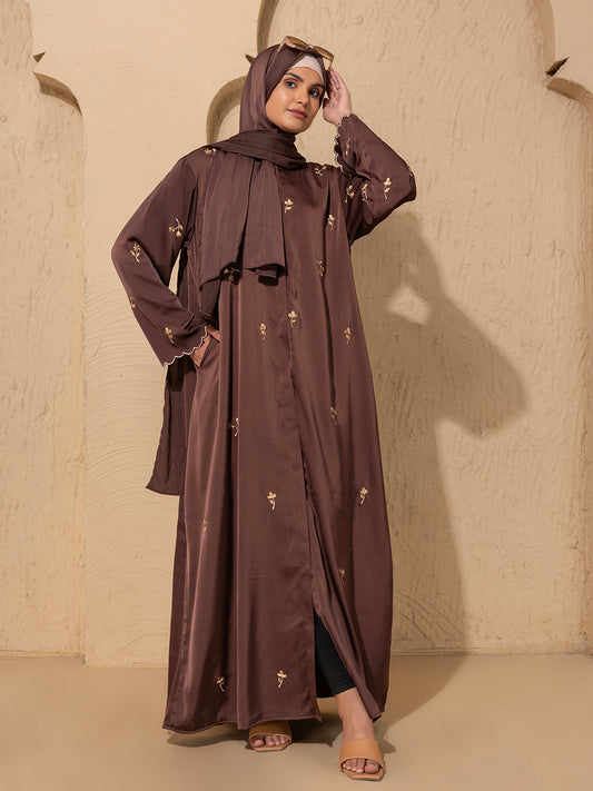 Brown Embroidered  Abaya – Front Open Modest Wear with Golden Floral Detailing