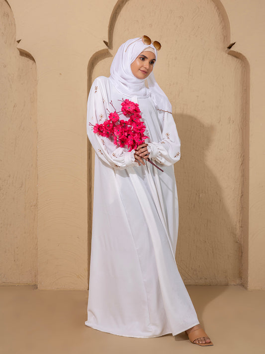 White Embroidered Abaya with Ruffle Embroidered Sleeves with scarf