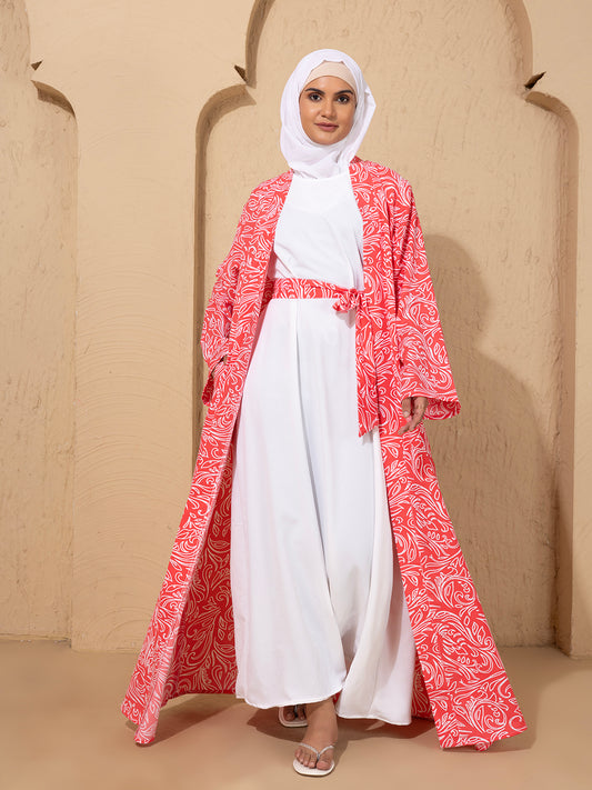 Pink Printed Open Abaya Set with inside slip scarf and belt