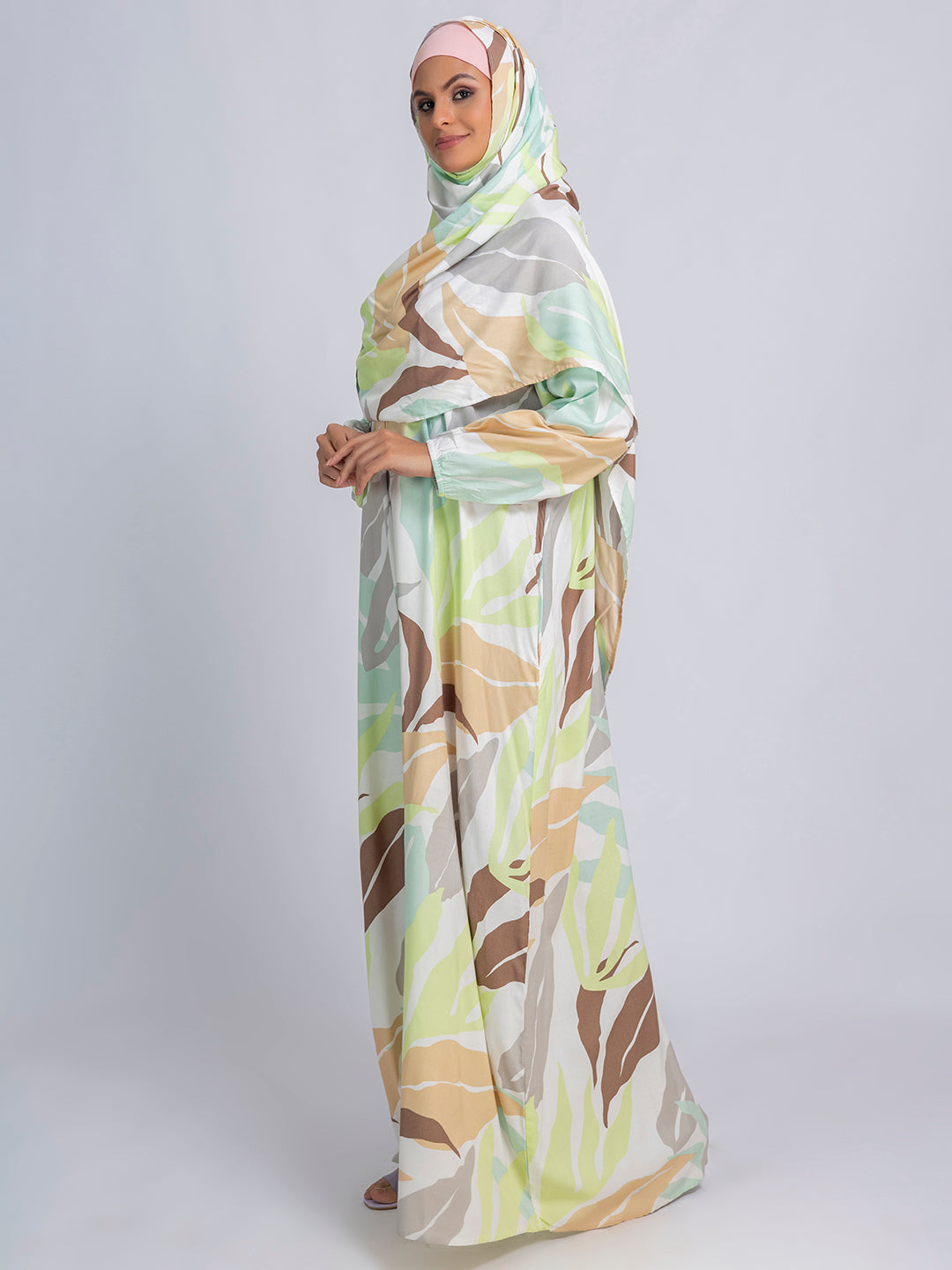 Pastel Leaf Print Modest prayer gown cum abaya