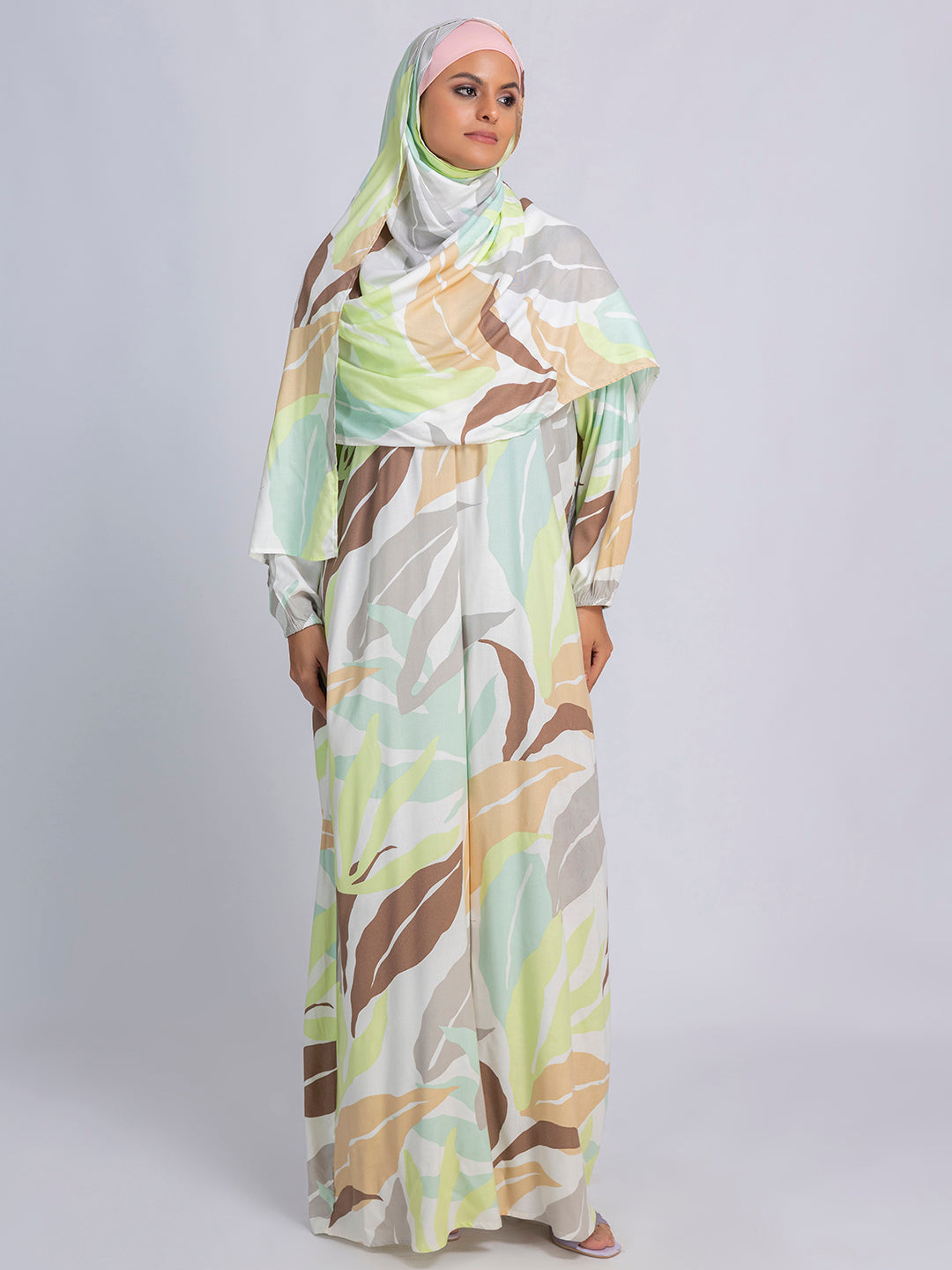 Pastel Leaf Print Modest prayer gown cum abaya