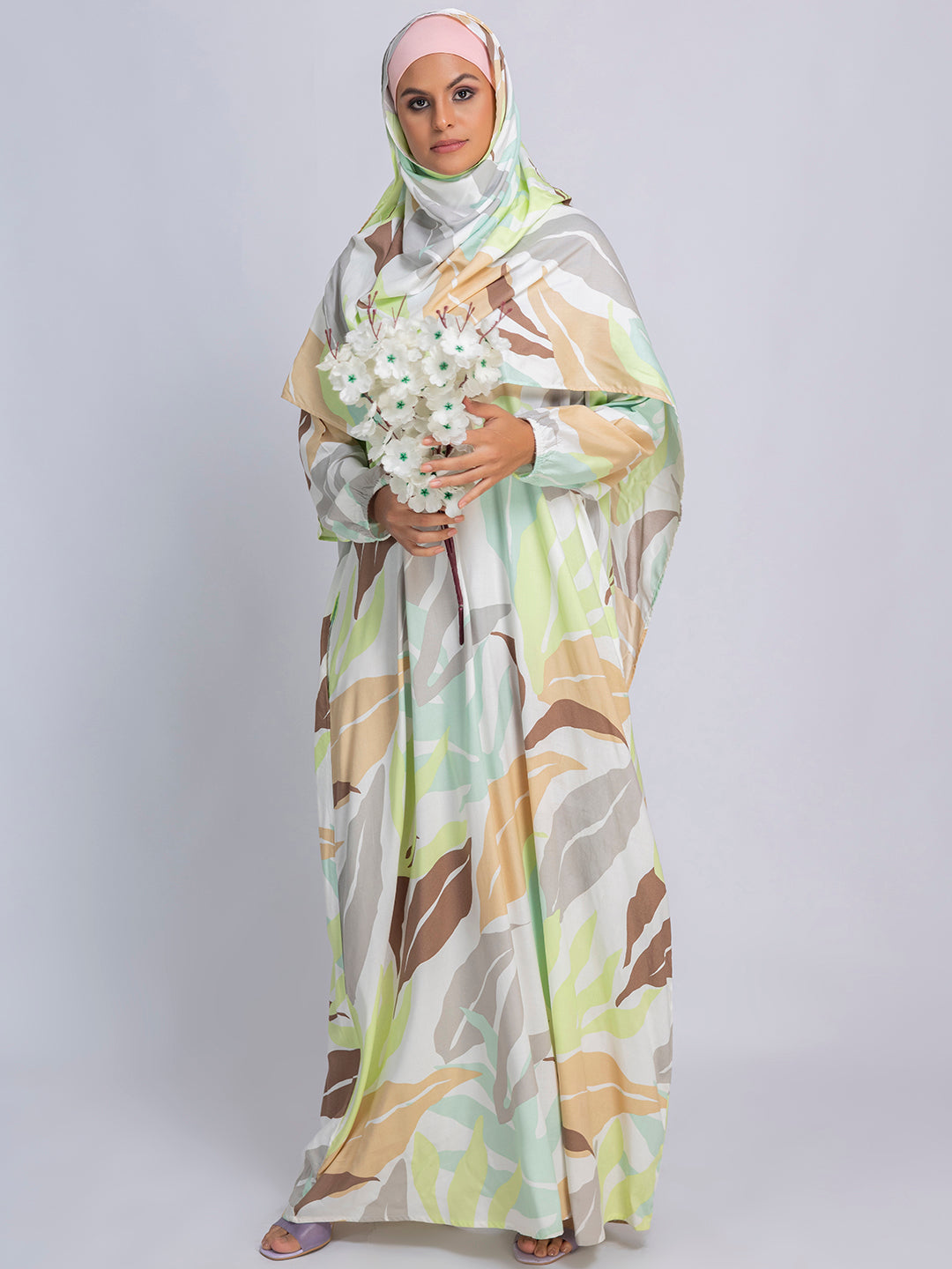 Pastel Leaf Print Modest prayer gown cum abaya