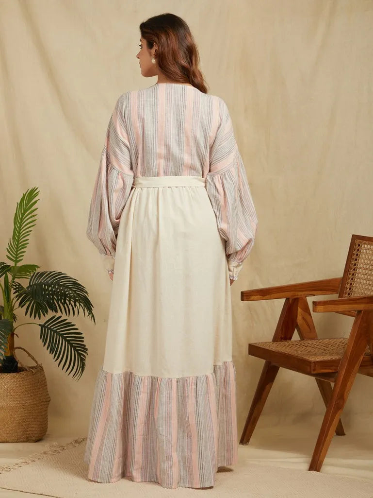 SANASH Collections Striped Cuffed Sleeves Cotton Linen Tie-Ups Maxi Dress