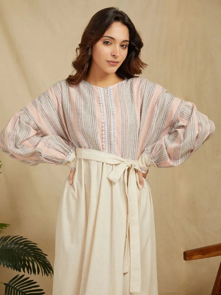 SANASH Collections Striped Cuffed Sleeves Cotton Linen Tie-Ups Maxi Dress