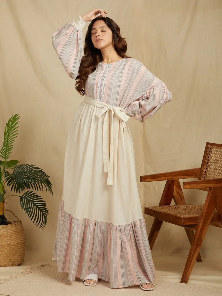 SANASH Collections Striped Cuffed Sleeves Cotton Linen Tie-Ups Maxi Dress