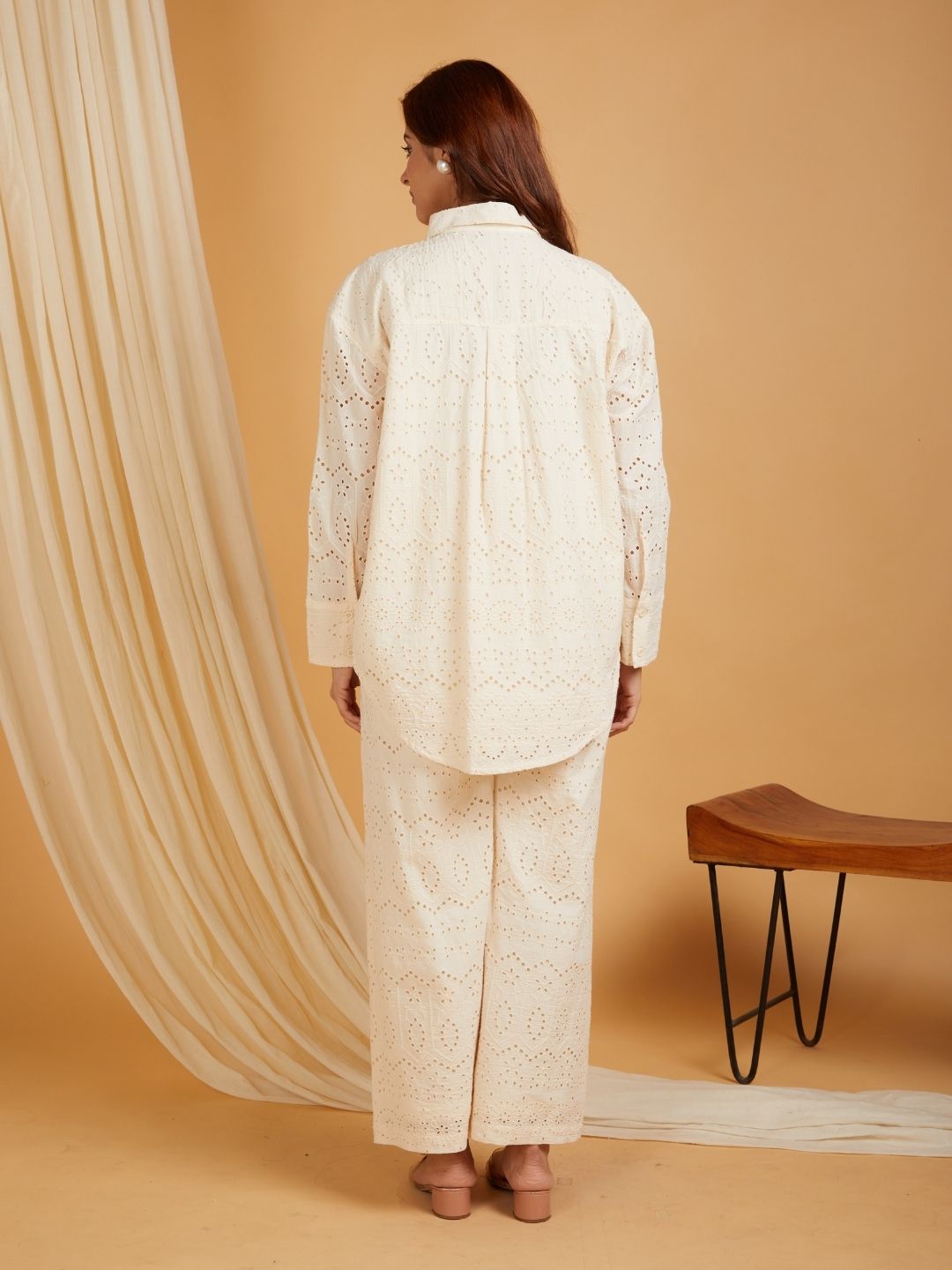 All Over Schiffli Embroidered Cotton Co-ord Set Cream