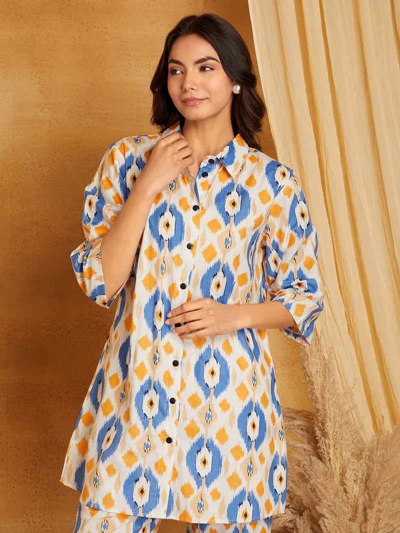White Blue Printed Cotton Co-ord Set- Set of 2