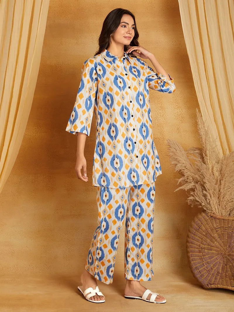 White Blue Printed Cotton Co-ord Set- Set of 2