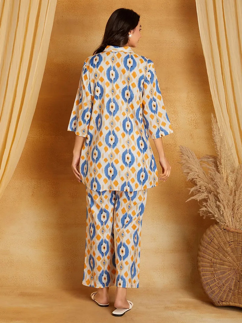 White Blue Printed Cotton Co-ord Set- Set of 2