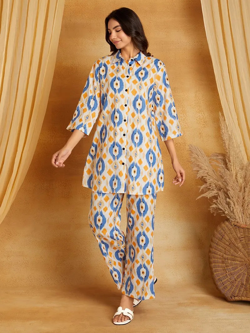 White Blue Printed Cotton Co-ord Set- Set of 2