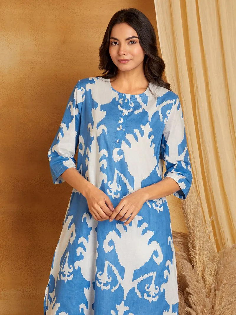 Blue Printed Cotton Kurta with Pants- Set of 2