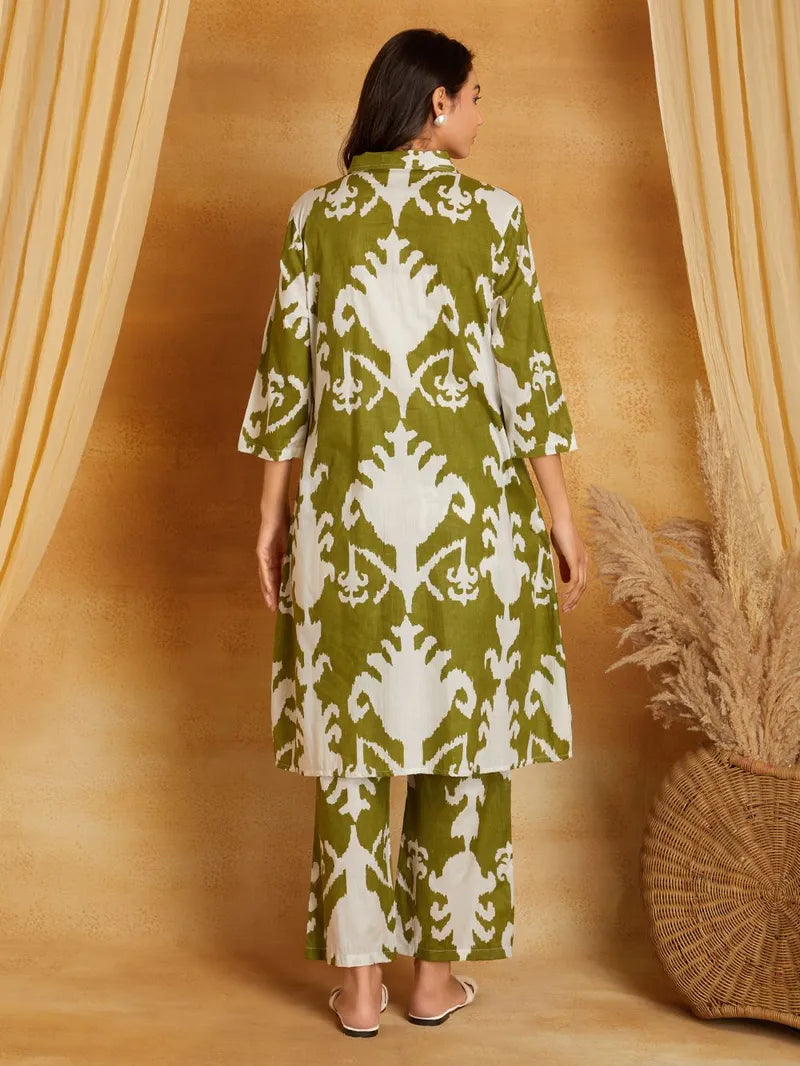 Mehndi Green Printed Cotton Kurta with Pants- Set of 2