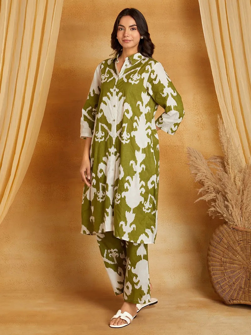 Mehndi Green Printed Cotton Kurta with Pants- Set of 2