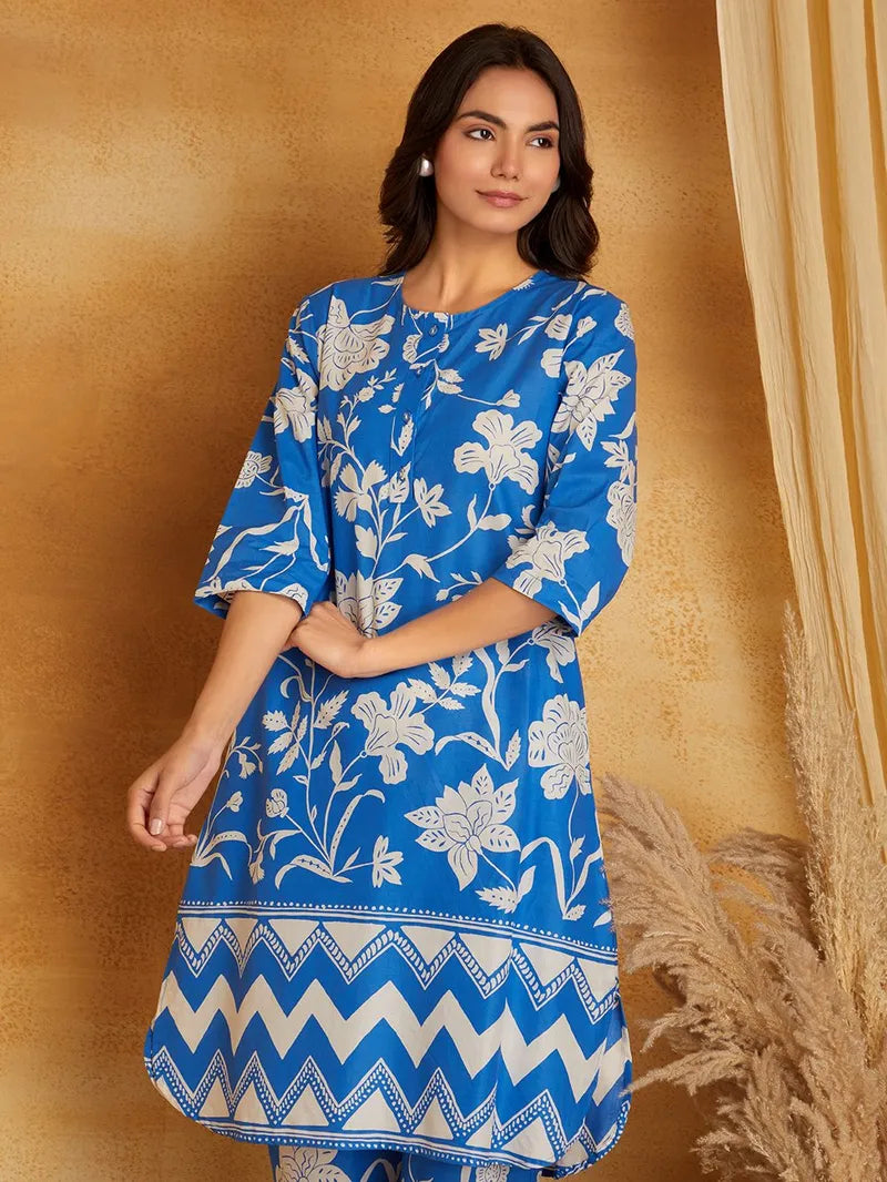 Blue Printed Cotton Kurta with Pants- Set of 2