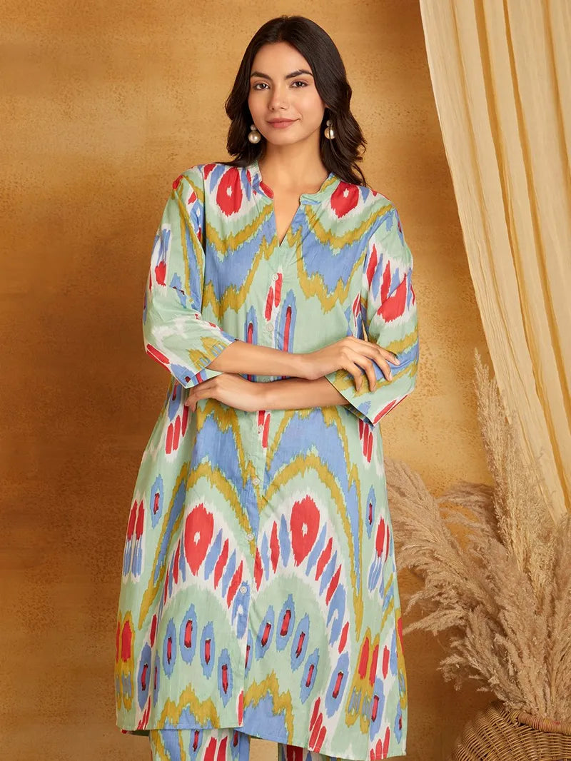 Multicolor Printed Cotton Kurta with Pants- Set of 2