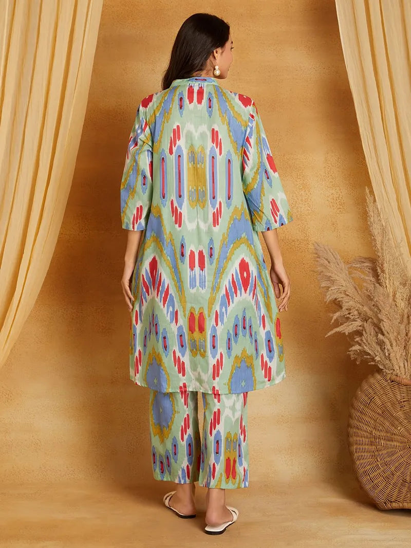 Multicolor Printed Cotton Kurta with Pants- Set of 2
