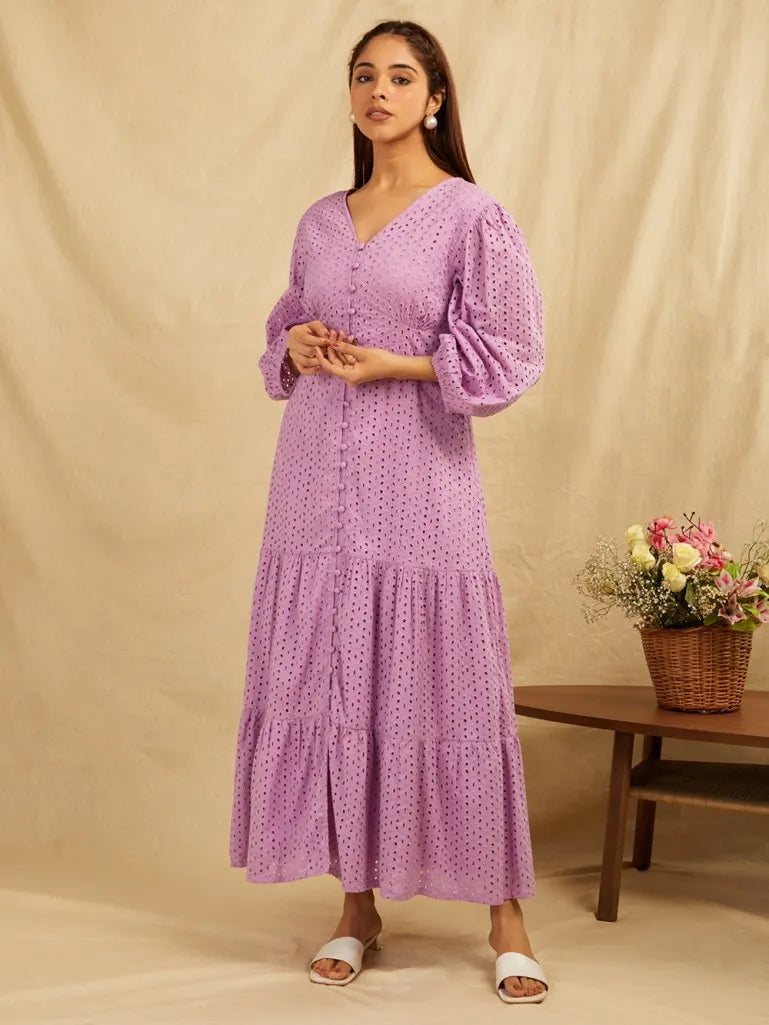 SANASH Collections Embroidered Puffed Sleeves Tiered Cotton Fit and Flare Maxi Dress
