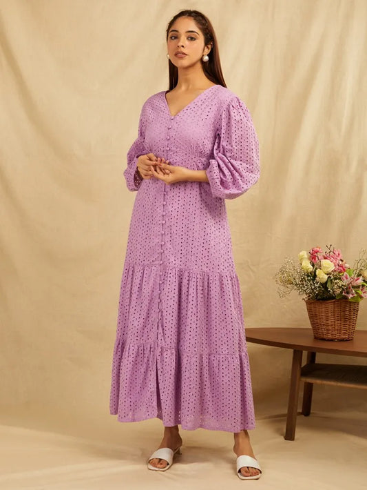SANASH Collections Embroidered Puffed Sleeves Tiered Cotton Fit and Flare Maxi Dress