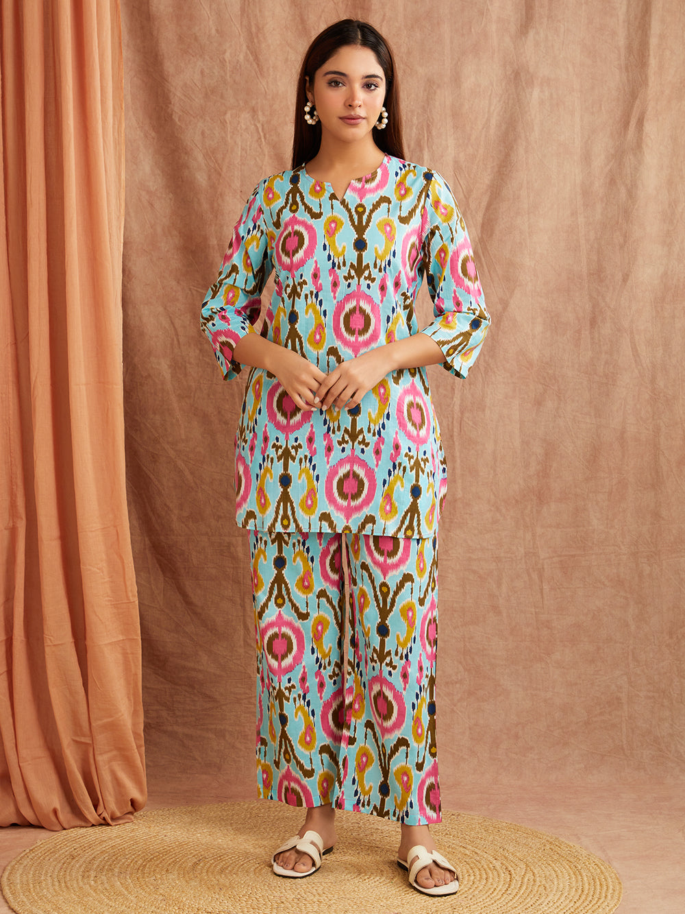 Sky Blue Printed Co-Ord Set – Straight Cut Edition