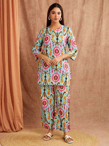 Sky Blue Printed Co-Ord Set – Straight Cut Edition