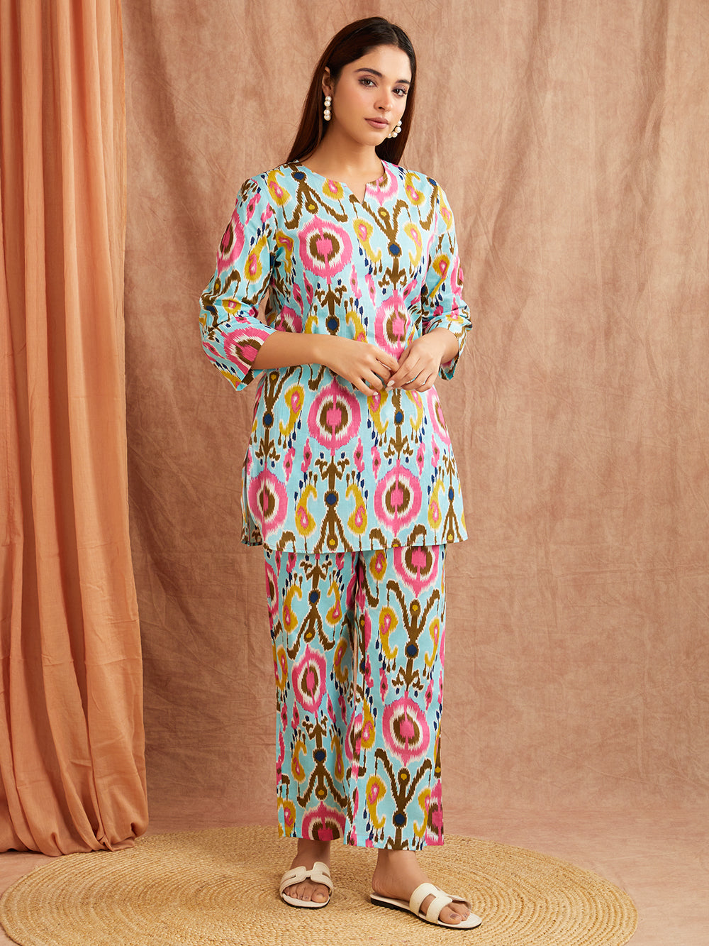 Sky Blue Printed Co-Ord Set – Straight Cut Edition