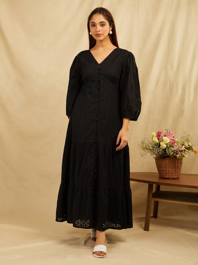 SANASH Collections Embroidered Puffed Sleeves Tiered Cotton Fit and Flare Maxi Dress