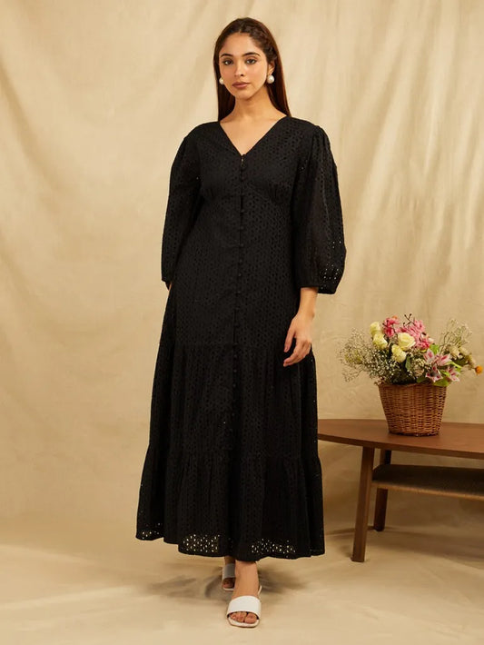 SANASH Collections Embroidered Puffed Sleeves Tiered Cotton Fit and Flare Maxi Dress