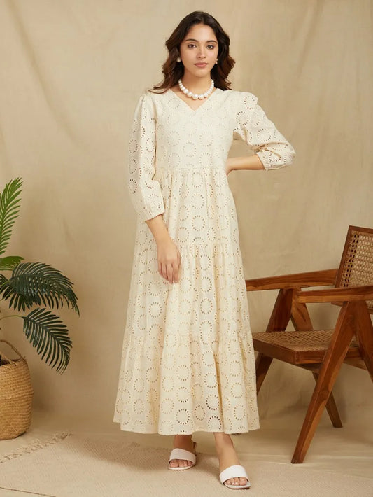 SANASH Collections Self Design Puff Sleeve Cotton Schiffli Tiered Maxi Dress