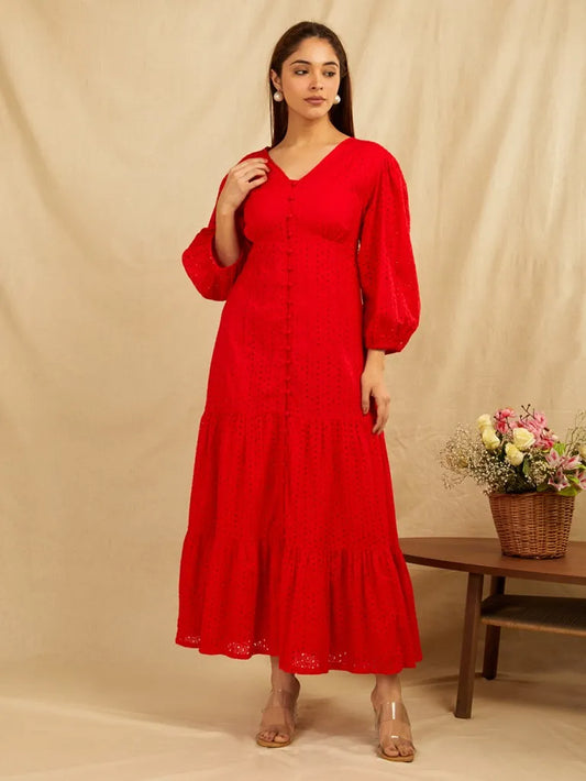 SANASH Collections Embroidered Puffed Sleeves Tiered Cotton Fit and Flare Maxi Dress