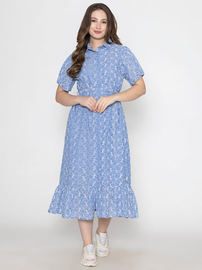 SANASH Collections Floral Printed Cotton Shirt Midi Dress With Belt