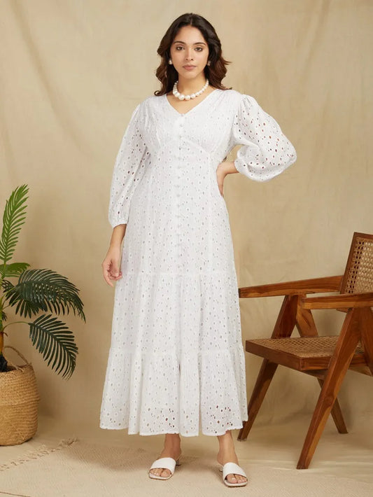 SANASH Collections Self Design Puff Sleeve Schiffli Tiered Maxi Dress