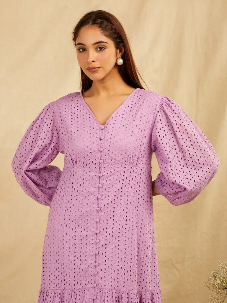 SANASH Collections Embroidered Puffed Sleeves Tiered Cotton Fit and Flare Maxi Dress