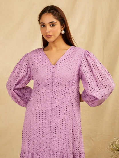 SANASH Collections Embroidered Puffed Sleeves Tiered Cotton Fit and Flare Maxi Dress