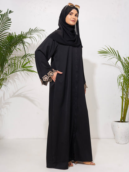Classic Black Abaya with Golden Embroidered Sleeves