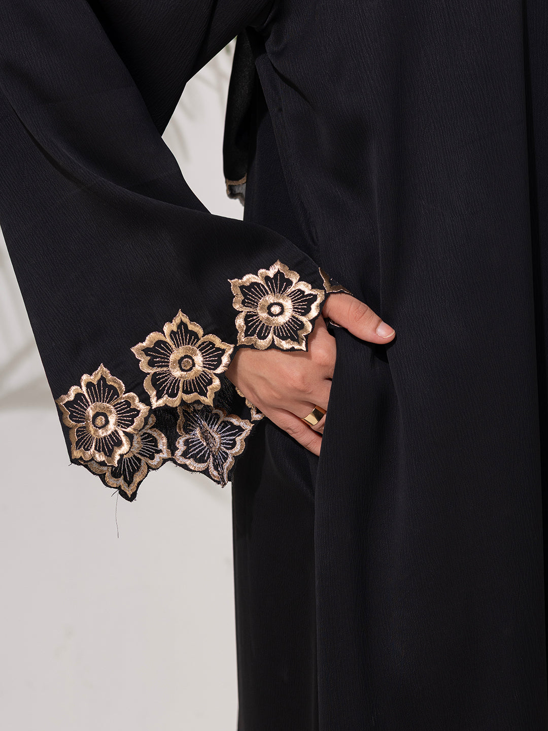 Classic Black Abaya with Golden Embroidered Sleeves