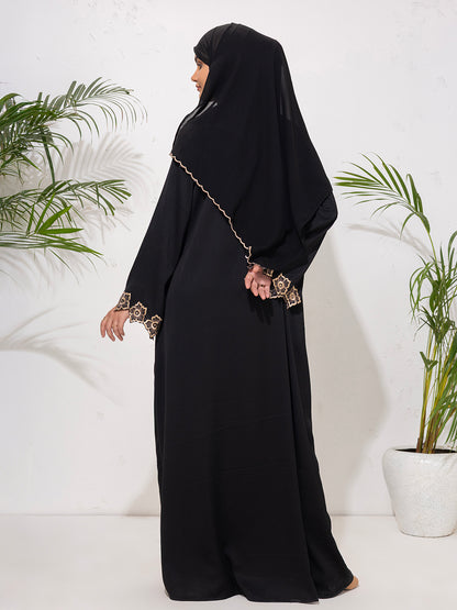 Classic Black Abaya with Golden Embroidered Sleeves