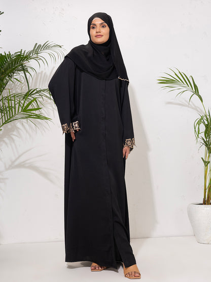 Classic Black Abaya with Golden Embroidered Sleeves