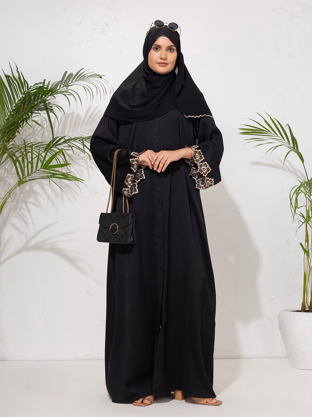 Classic Black Abaya with Golden Embroidered Sleeves