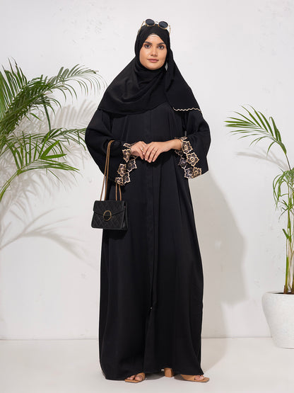Classic Black Abaya with Golden Embroidered Sleeves