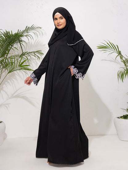 Black Abaya with White Embroidered Cuffs with scallop scarf